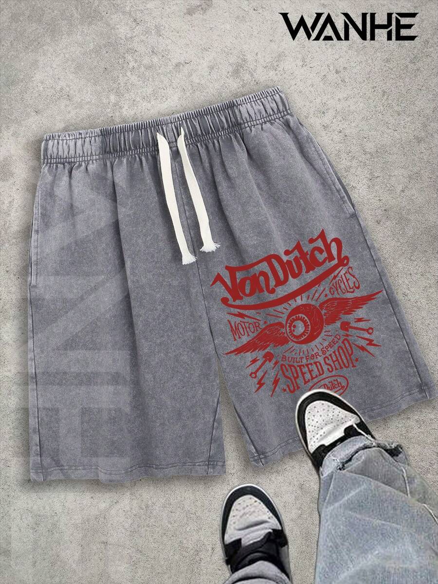 WANHE Men's Washed Shorts / Unisex Style, Couples' Matching Outfit - Ideal Gift For 2026 New Year, Valentine's Day, Romantic Outfits, St. Patrick's Day, Black History Month, Back-To-School Season And Easter-Van Dutch Motor Cycles Speed Shop Printed Washed Shorts For Men Streetwear Casual Summer Outfit Graphic Design Comfortable Fit Urban Lifestyle Fashion - Xám - Xem 1