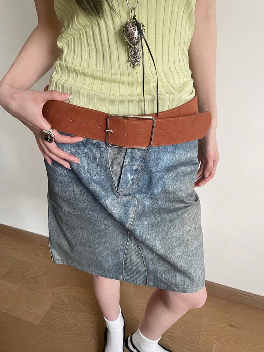 1件卡其色PU材质复古百搭纯色显瘦宽腰带，女士适用 - 棕色 - 查看 1