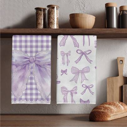 2pcs Purple Bow Printed 40*60cm Soft Microfiber Kitchen Towels, Absorbent Dish Cloths, Farmhouse Style Decor, Housewarming Gift, Suitable For Kitchen & Bathroom, Great For Homemakers And Family Gatherings, High Value