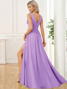 V-Neck Slit Hem Bridesmaid Dress For Women - Lilac Purple - View 5