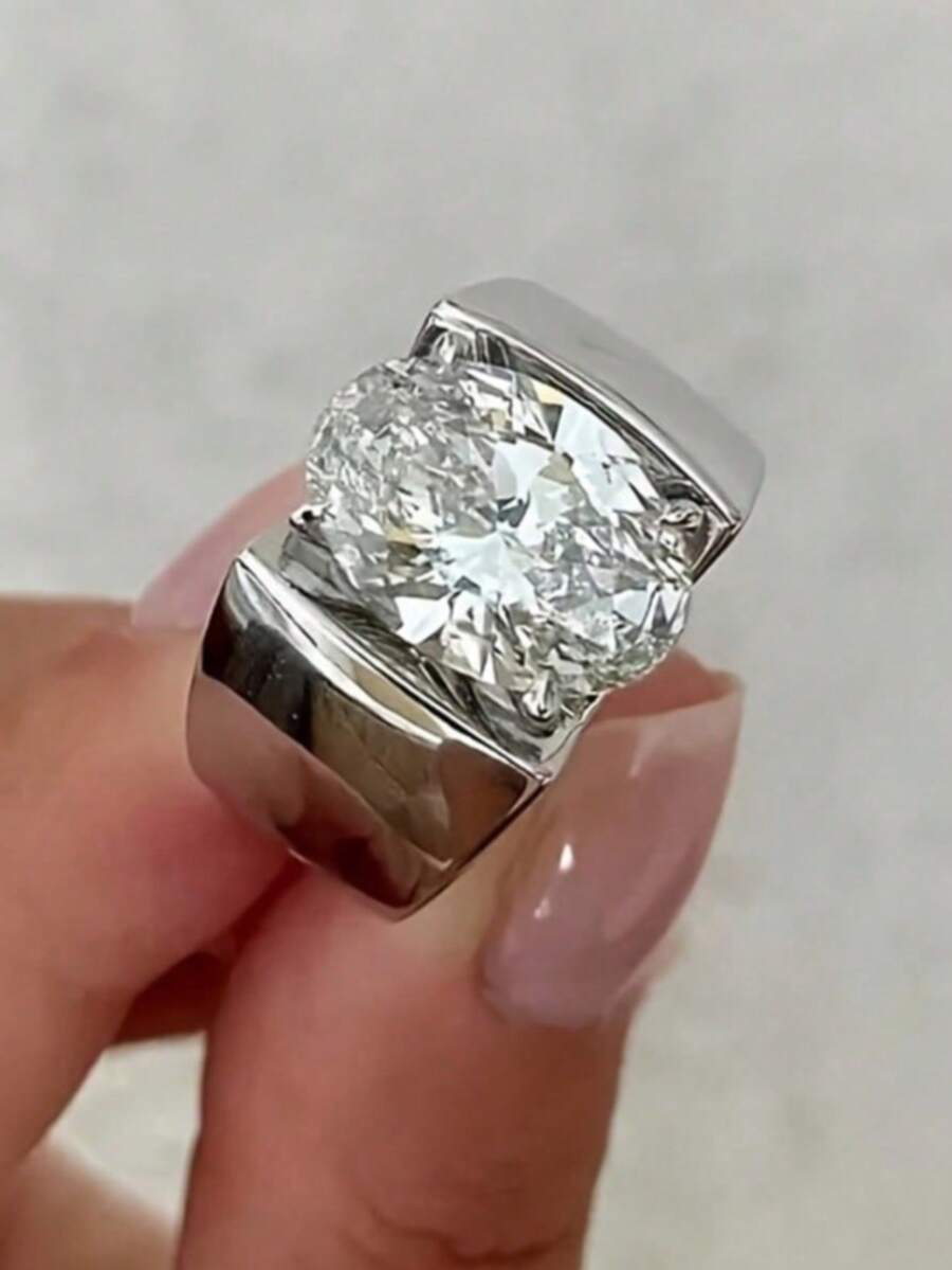 Nhẫn thời trang bản rộng mạ bạch kim hình quả trứng tối giản dành cho nữ, đính đá Zirconia. - Bạc - Xem 1