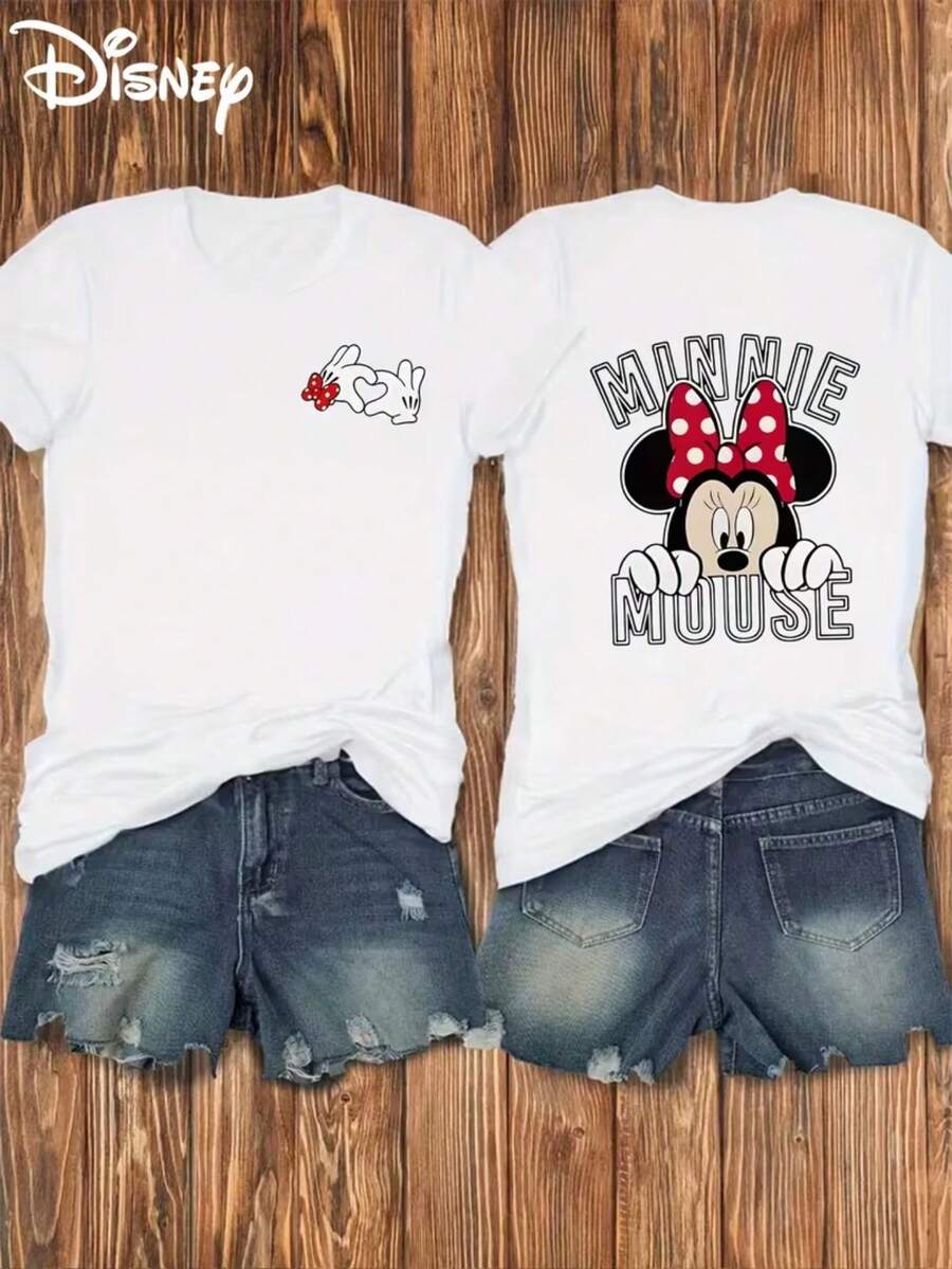 Authorized By Disney, Mickey Mouse Double-Sided Printed Soft Elastic Casual Short-Sleeved Shirt, Fashionable Short-Sleeved T-Shirt, Women's Dress. - White - View 1