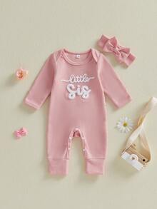 Baby Girls Romper Letter Embroidery Long Sleeve Round Neck Back Ruffled Jumpsuit with Bow Headband - Rosa - Ver 4