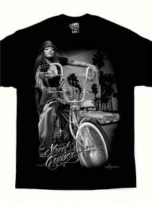 Apparel Street Cruiser Lowrider Bike T-Shirt - Chicano Chola Art Graphic Tee With Palm Trees & Vintage Car Design, Retro Unisex Short Sleeve Shirt - 黑色 - 查看 1