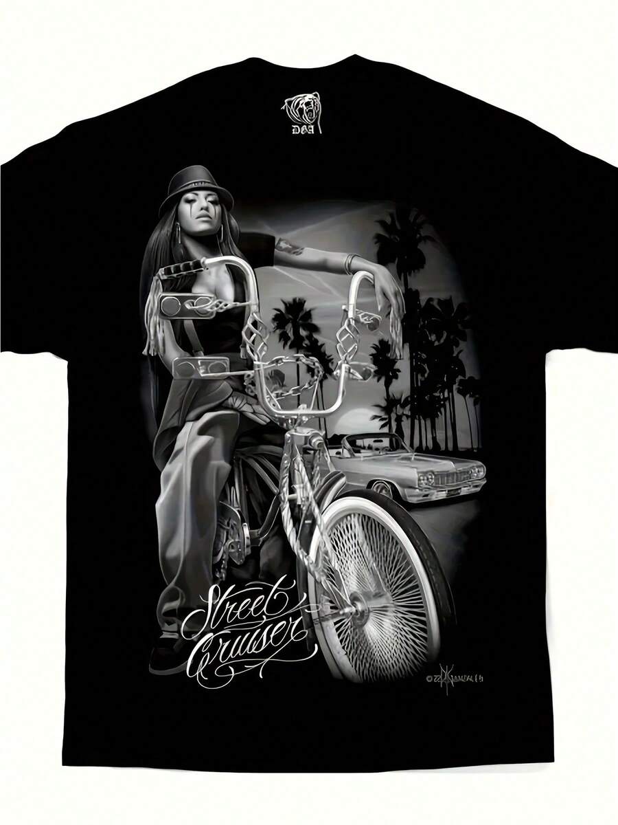Apparel Street Cruiser Lowrider Bike T-Shirt - Chicano Chola Art Graphic Tee With Palm Trees & Vintage Car Design, Retro Unisex Short Sleeve Shirt - 黑色 - 查看 1