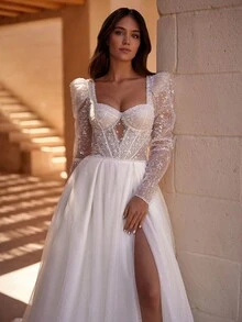 Enchanting Princess Sleeve Wedding Dress With Sweetheart Neckline And Elegant High Slit – Sophisticated Floor-Length A-Line Gown Featuring Full-Length Bishop Sleeves, A Flattering Neckline Design, Graceful Leg Reveal, And Flowing Silhouette, Perfect For Weddings, Christmas Galas, Halloween Balls, Formal Dances, Birthday Celebrations, And Special Evening Events. A Versatile Choice For Wedding Receptions, Holiday Parties, Anniversary Dinners, Luxury Getaways, Black-Tie Occasions, Cocktail Gatherings, Bridal Showers, Wedding Guest Attire, Graduation Formals, Homecoming Events, And As A Fairytale Bridesmaid Or Enchanting Evening Gown. - 白色 - 查看 5