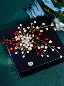 1pc Blue Crystal Rhinestone & Faux Pearl Handmade Bridal Hair Comb, Suitable For Wedding Party - Multicolor - View 10