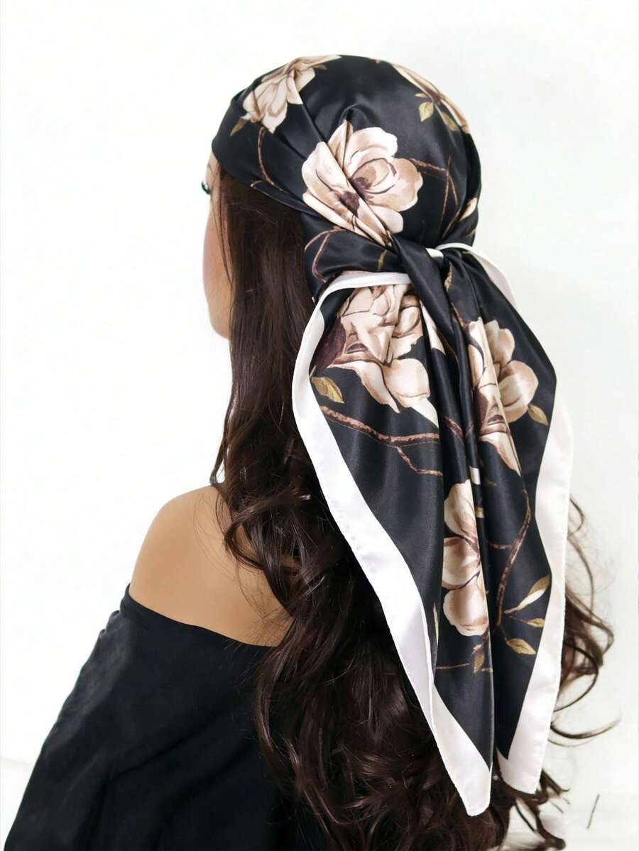 1pc Women's Satin Smooth Texture Cashew Pattern Printed Large Square Scarf, Suitable For Outings And Daily Wear - Flowers Black - View 1