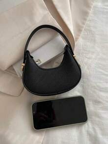 Mini Cute Solid Black Handbag For Women, Fashionable High-Quality Lightweight Crescent Shaped Shoulder Bag , Cute - Black - View 4