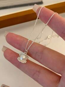 1件极简贝壳和仿珍珠串珠可调节项链吊坠（链条和珠子位置可调节） - 銀色 - 查看 3
