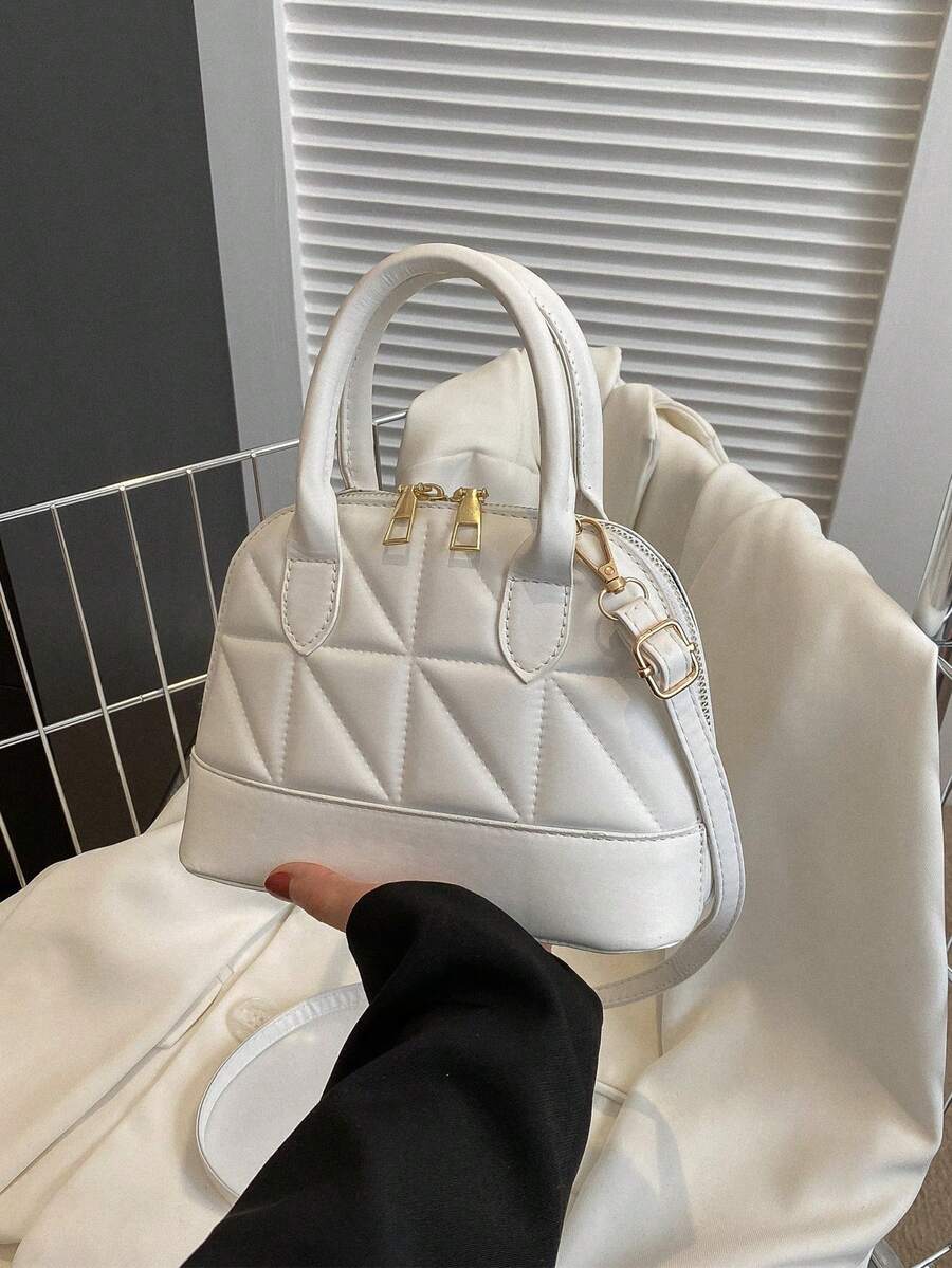 Bolso de mano de mujer, bolso de tela acolchado con diseño de concha - Blanco - Ver 1