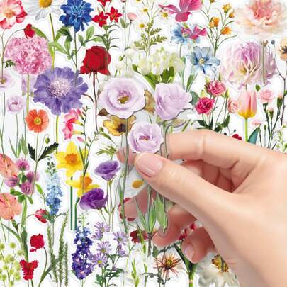 50pcs Plant Flower Doodle Stickers, Transparent Decorative Stickers For Bookshelf, Glass, Red Anthurium, Narcissus, Fresh And Cute