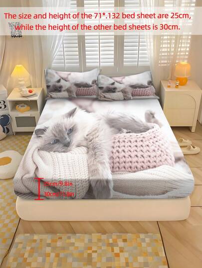 2/3件套家用床单套装，可爱小猫图案，涤纶材质，数码印花，全包边弹力设计，适合作为礼物送给年轻人，节日或四季卧室装饰