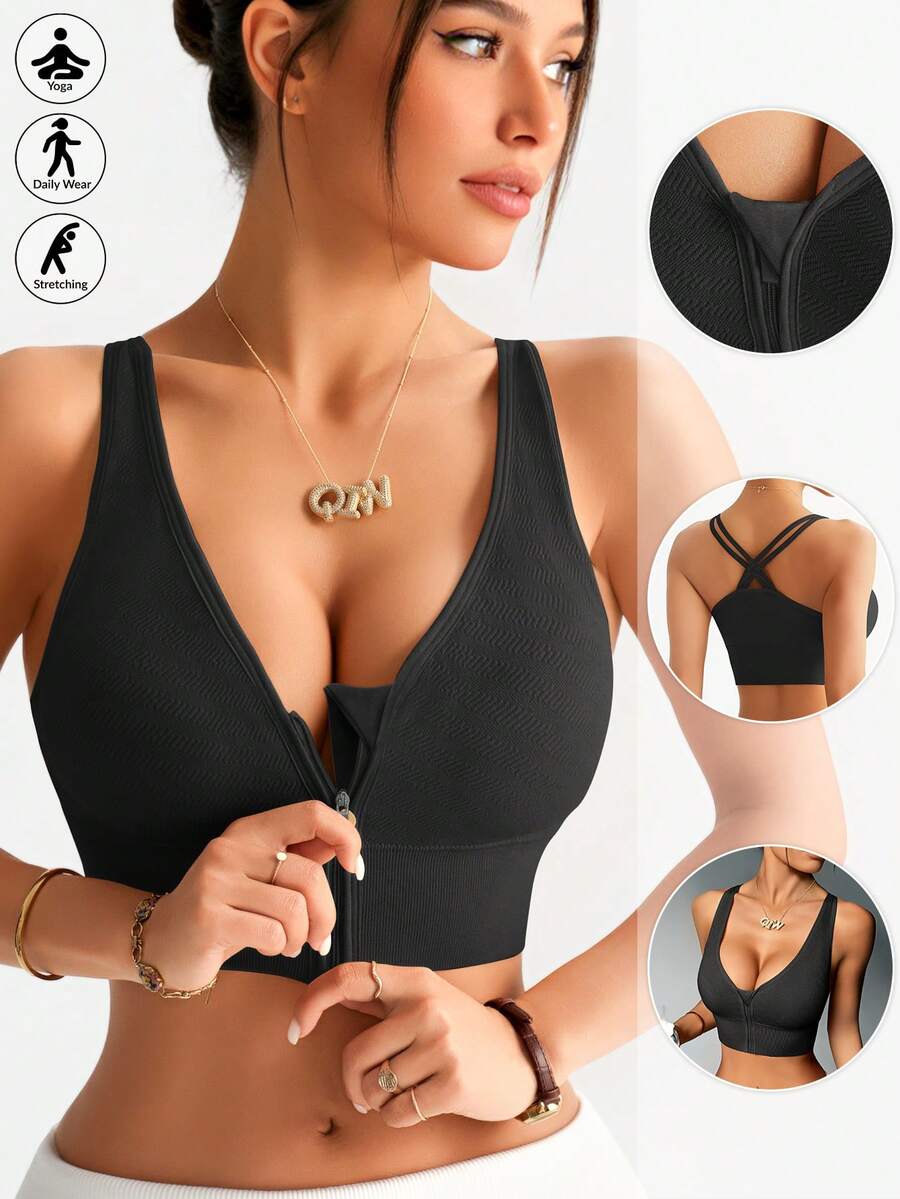 1pc Women's Yoga Sexy Backless Criss-Cross Hollow-Out Sports Bra Camisole With Chest Pads, Can Be Worn Outerwear - Black - View 1