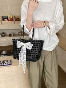 休闲时尚蕾丝蝴蝶结手提包，大容量单肩手提包，田园风编织敞口包 - 黑色 - 查看 5