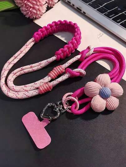 Pink Alloy Floral Detachable Woven Lanyard Women's Long Handmade Braided Strap Outdoor Anti-Lost Phone Hanging Cord Spring Gift