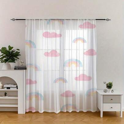 2pcs Watercolor Pink Cloud And Rainbow Patterned Sheer Curtains, Semi-Transparent, Suitable For Living Rooms, Bedrooms, Dining Rooms, Balconies, And Cafes, Creating A Lively And Dreamy Decorating Style. (Rod-Mounted)