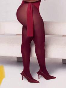 1双女士酒红色天鹅绒紧身裤，休闲修身保暖打底裤，圣诞礼物 - 酒紅色 - 查看 3