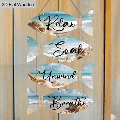 2D平面海洋系列木质鱼形装饰牌套装，4件套，适合春夏装饰、圣诞节和万圣节礼物、航海主题派对以及沿海农舍风格家居装饰，可用于客厅、厨房和浴室。