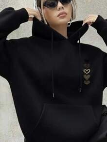 Women's Kangaroo Hoodie With Heart Design, Casual Winter Style, Sweatshirt With Pockets, 100% Cotton. - 黑色 - 查看 1