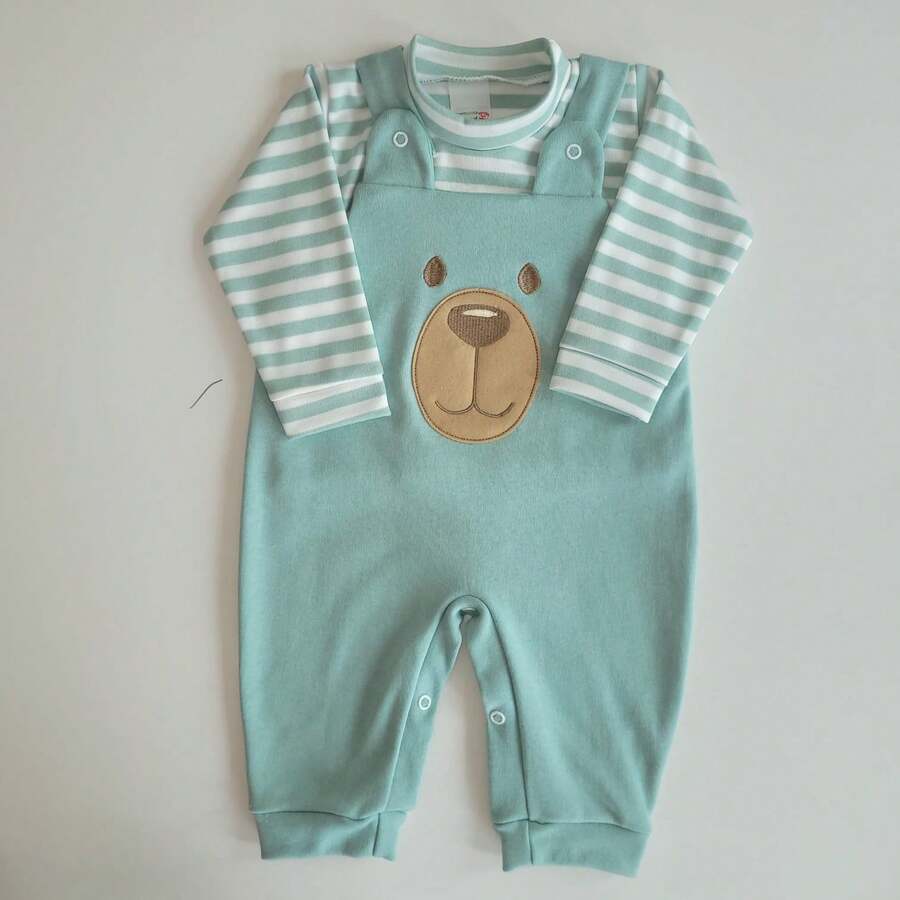 CONFECÇÕES ROMILA Baby Boy Set: Overalls + Long Embroidered Striped T-Shirt, Winter Cotton - 綠色 - 查看 1