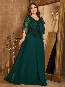 SUPGIR 女士优雅V领高领亮片拼接雪纺流苏袖修身长款晚礼服派对 - 墨綠色 - 查看 1