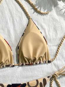 2026 Retro Western Cowboy Print Halter Tie-Up Sexy Bikini Swimsuit For Women - Multicolor - View 4