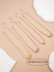 1pc Metallic Geometric Beaded Necklace, Fashionable Daily Wear, Suitable As Gift For Friends - Multicolor - View 3