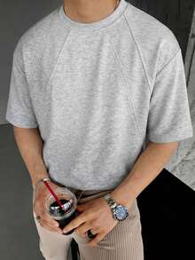 1pc Men's Grey Crew Neck Short Sleeve T-Shirt, Raglan Sleeve Patchwork Design, Knit Fabric Breathable & Soft, Loose Casual All-Match Tee For Daily Wear & Commute - Grey - View 11