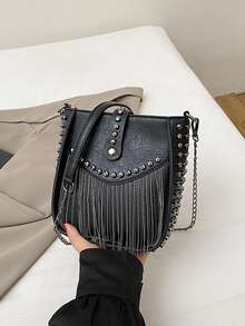 Bucket Bag, European And American Motorcycle Style Tassel Bag, Fashion Shoulder Crossbody Bag, Rivet Phone Bag - Black - View 6