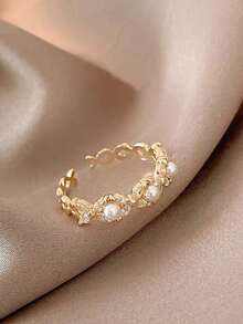 5件套优雅精致仿珍珠和锆石心形蝴蝶结可调节戒指套装，独特设计，适合日常、派对、聚会佩戴（不含礼盒） - 金黃色 - 查看 6