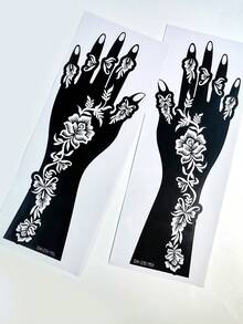 Bộ 2 khuôn vẽ hình xăm henna họa tiết hoa dây leo cổ điển tuyệt đẹp, phủ kín từ mu bàn tay đến cẳng tay, với các họa tiết hoa và cuộn xoắn xếp lớp tạo nên phong cách độc đáo, lý tưởng cho nghệ thuật henna, các bữa tiệc và vẻ ngoài lạ mắt, dễ dàng sử dụng mà không cần kỹ năng. - màu đen - Xem 6