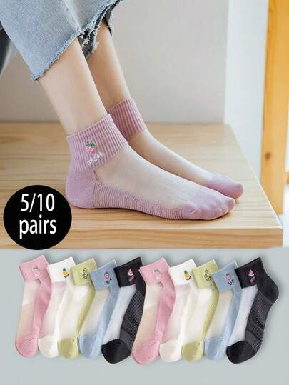 5/10 Pairs Women's Short Socks, Thin Crystal Silk Solid Color Minimalist Breathable Ankle Socks, Suitable For Daily Casual, Sports, Commuting In Spring And Summer