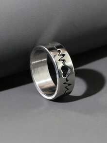 1pc Romantic Thick Hollow Heart Electrocardiogram Design Men's Ring, Suitable For Daily Wear And Parties - Silver - View 1