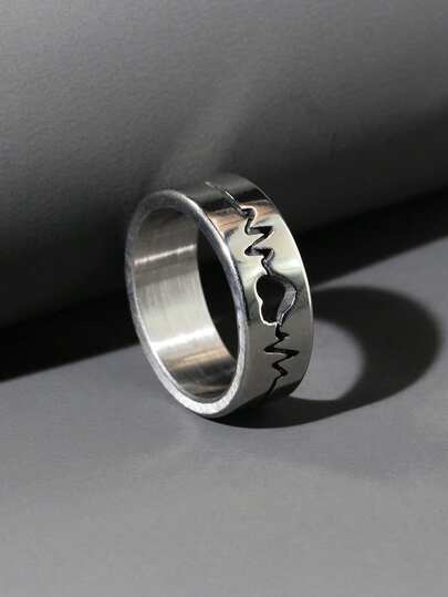 1pc Romantic Thick Hollow Heart Electrocardiogram Design Men's Ring, Suitable For Daily Wear And Parties
