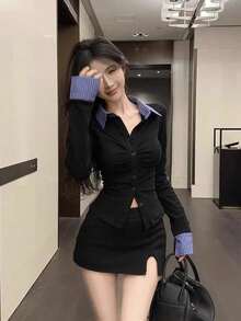 学院风 Polo 领开衫长袖上衣，腰部褶裥撞色格纹，适合初秋穿着 - 黑色 - 查看 4