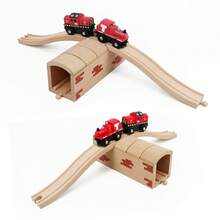 Juego de 5 piezas de vías de tren de madera con puente y túnel, accesorios de ferrocarril de madera sólida compatibles con la mayoría de las principales marcas de trenes de juguete - Multicolor - Ver 4