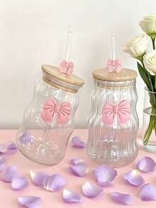 One Glass With A Bamboo Lid And Straw, Striped Design, Suitable For Water, Iced Coffee, Milkshakes, Fruit, And Juice. Features A Pink Bow Print, Is Reusable, Perfect For Summer Drinks, And Is A Large-Capacity Portable Beverage/Juice Glass For Outdoor Travel. Ideal For Home, Office, Parties, Birthday Parties, Holidays, And Christmas. Suitable For Both Summer And Winter Use. - Clear - View 3