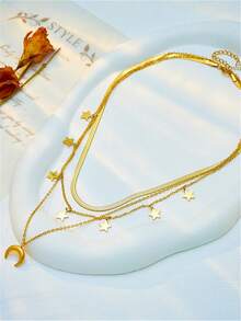1pc Star & Moon Pendant Triple Layer Necklace, Suitable For Daily Wear To Showcase Your Unique Personal Style - Gold - View 3