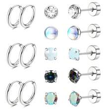 5对316L不锈钢扁平耳钉，男女通用立方氧化锆，仿珍珠螺旋耳骨耳钉，低过敏性敏感耳钉 - 銀色 - 查看 14