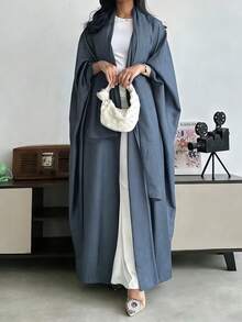 Solid Color Oversized Long Cardigan Robe, Batwing Sleeve Minimalist Open Front Long Robe Outerwear, Muslim Conservative Style Daily Commute Versatile Abaya (Excluding Scarf) Spring - Dark Grey - View 3