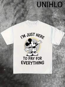 Disney UNIHLO I M JUST HERE TO PAY FOREVERYTHING  Print  Summer Casual Versatile Pure Cotton T-Shirt Suitable For Any Place - White - View 2