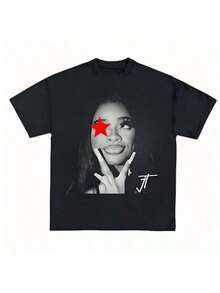 Oversized Red Star Face Graphic Tee Street Hip-Hop Style For Men And Women - màu đen - Xem 1