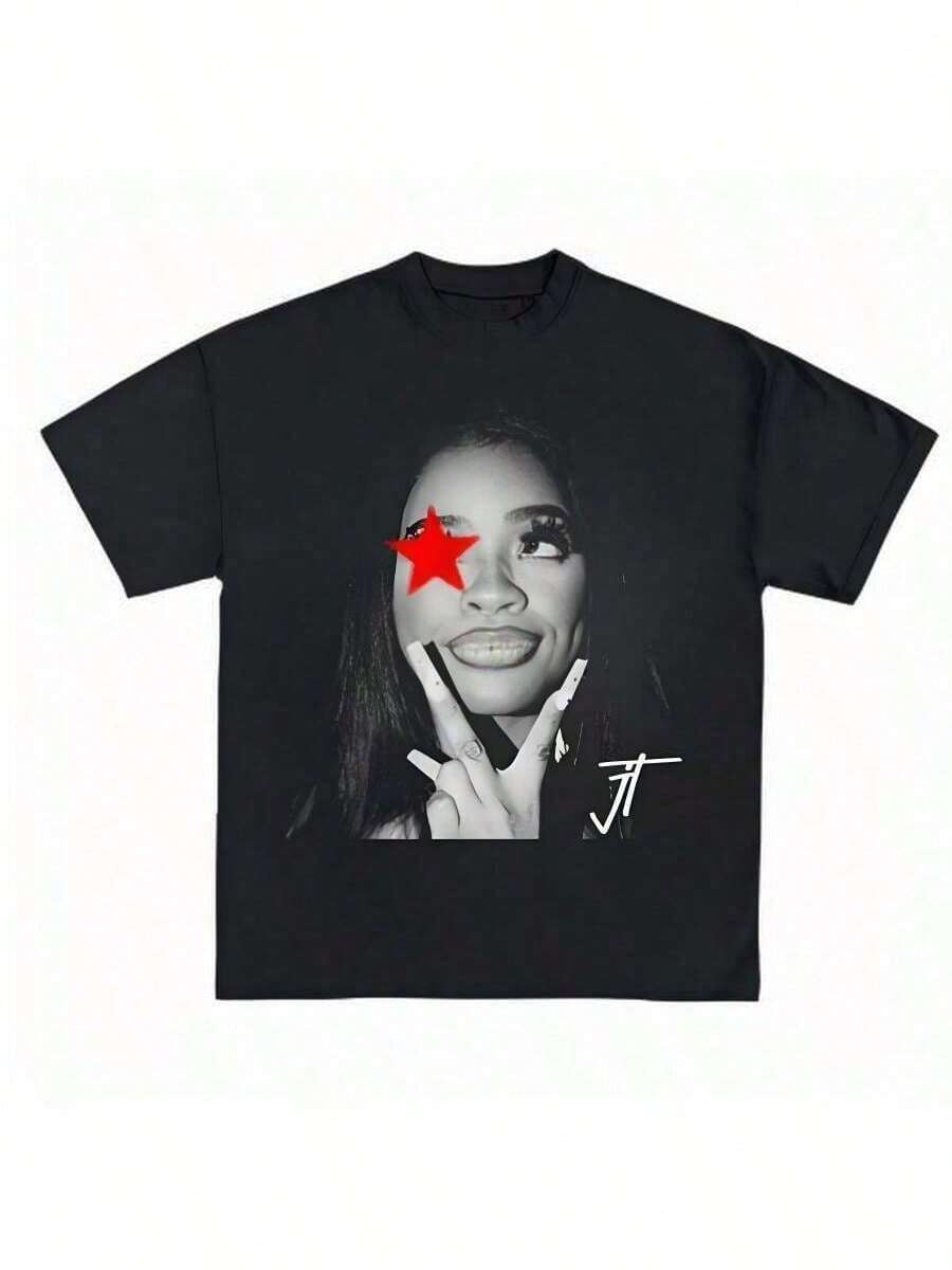 Oversized Red Star Face Graphic Tee Street Hip-Hop Style For Men And Women - màu đen - Xem 1