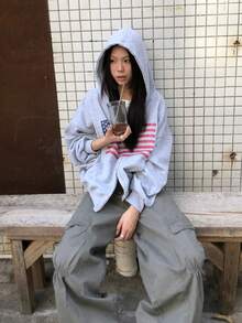 休闲宽松拉链卫衣外套，复古美式街头风春季款 - 灰色 - 查看 8