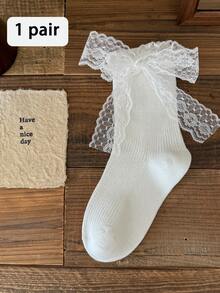 1双女士中筒袜，春夏网眼蕾丝蝴蝶结洛丽塔学院风舒适透气船袜 - 彩色 - 查看 18