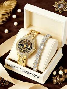 2件套华丽全镶钻女士金表套装，一套女士石英表，包括一款全镶钻金链树形表盘石英表和一条心形镶钻银手链。 - 金色 - 查看 8