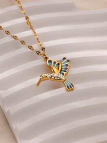 1Pc Colorful Hummingbird Pendant Necklaces For Women Men, Hopeful Flying Bird Necklace With Enamel Cubic Zirconia, Stainless Steel Chain Necklace, Bohemian Colorful Animal Lucky Jewelry Fashion Accessories, Perfect Gift For Summer Beach Music Festival / Valentine's Day / Mother's Day - Bird - View 2