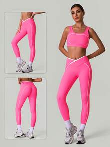 Quần legging thể thao nữ cạp chéo, chống lộ bụng, ôm sát eo, dáng chữ V, bó sát mông, thích hợp cho chạy bộ, tập luyện, hoạt động thể thao, yoga. - Màu Hồng Tươi - Xem 3
