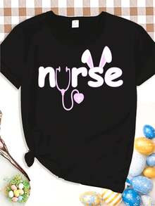 Camiseta De Mujer De Cuello Redondo Con Estampado Gráfico De Conejita Enfermera Adorable De Pascua, Mangas Cortas Casuales, Perfecta Para Una Silueta De Primavera/verano - Oscuro - Ver 7
